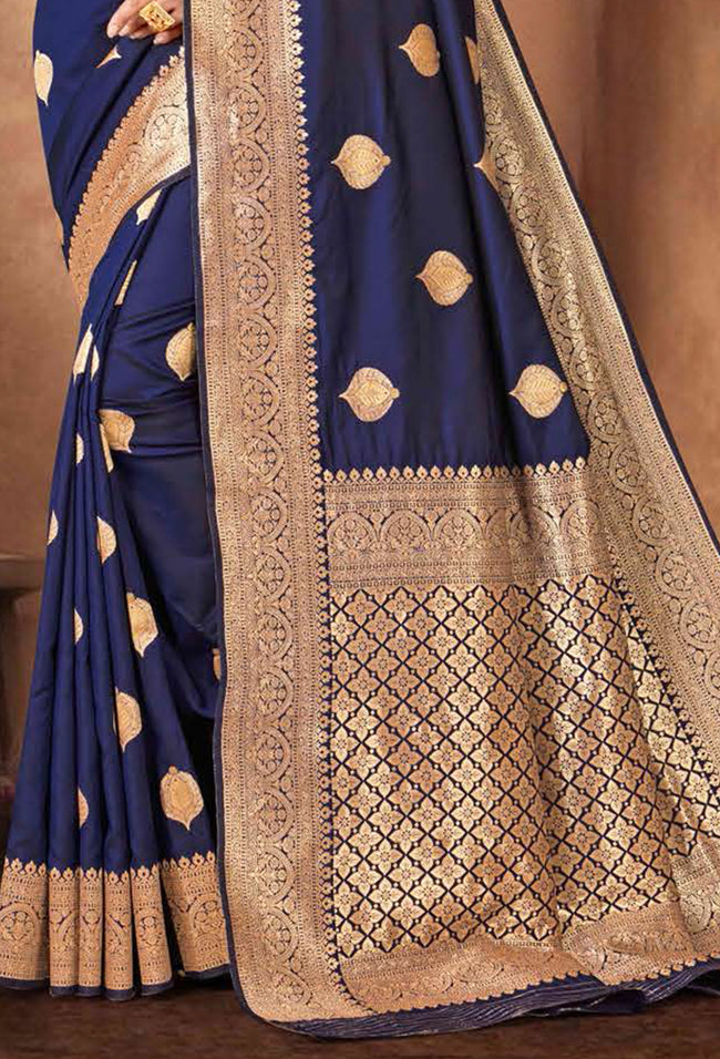 Navy Blue Saree In Art Handloom Silk With Woven Floral Buttis And Blouse Piece
