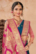 Teal Blue With Pink Woven Art Silk Saree