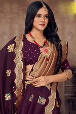 Brown Embroidered Art Silk Saree With Blouse Piece