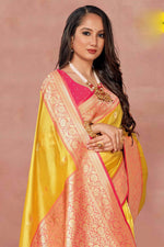 Yellow With Salmon Weaving Work Festive Wear Saree