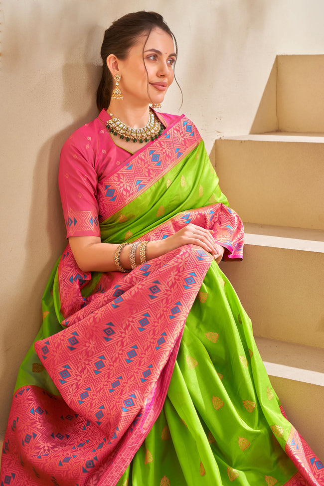 Piquant Green & Pink Woven Festival Wear Silk Saree With Blouse Piece