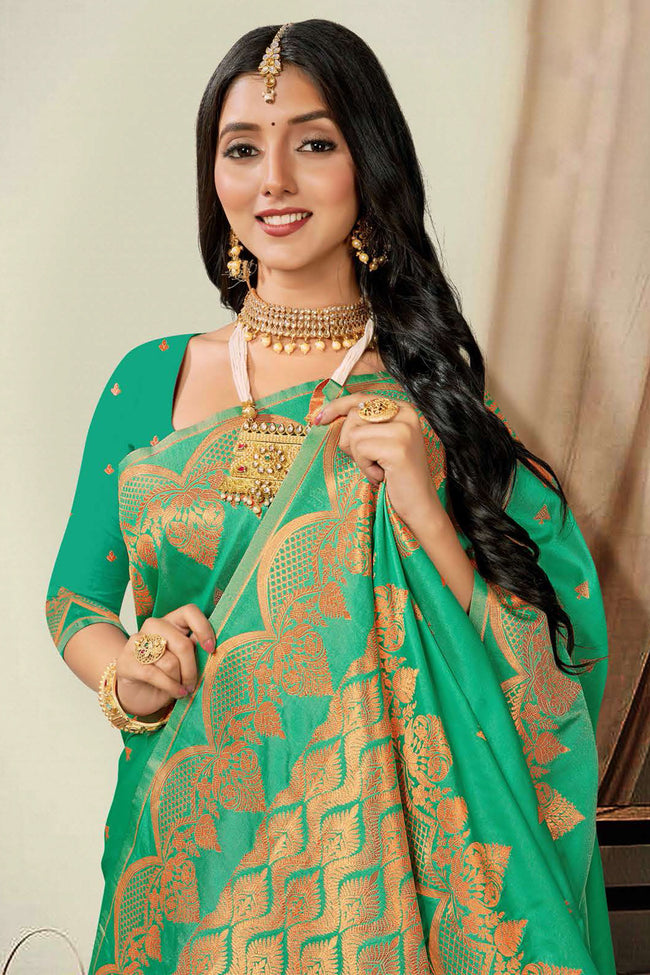 Sea Green Woven Art Silk Saree With Blouse Piece