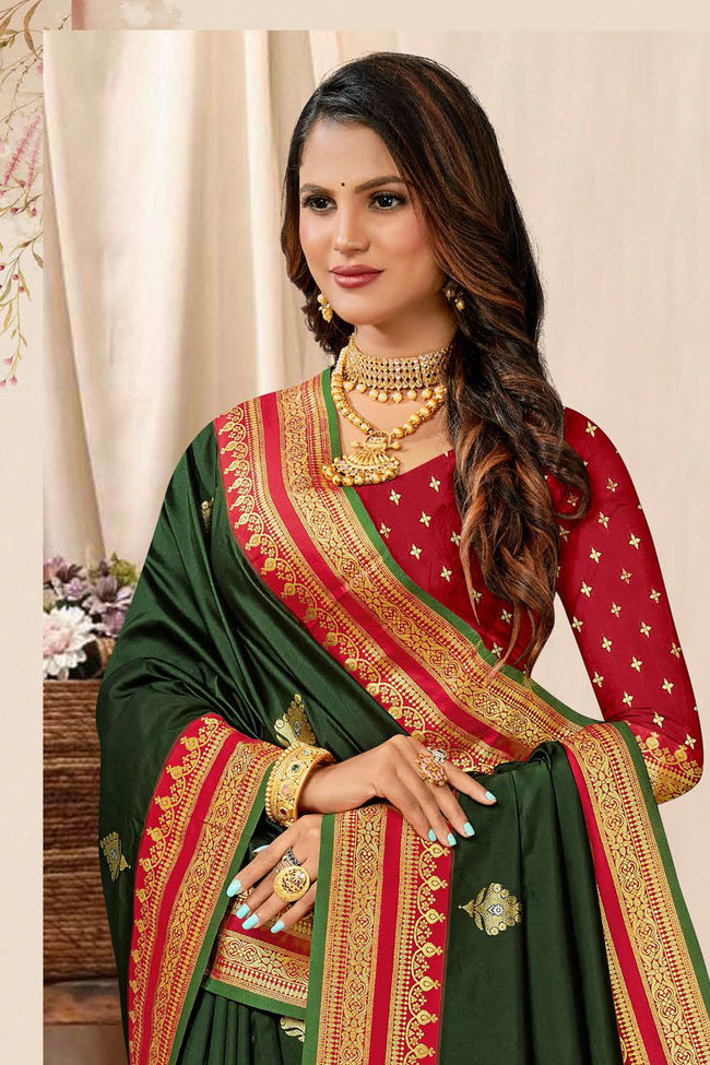 Forest Green With Red Border Woven Art Silk Saree With Blouse Piece