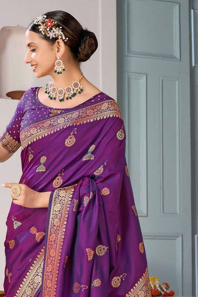 Dark Purple Banarasi Silk Festival Traditional Saree