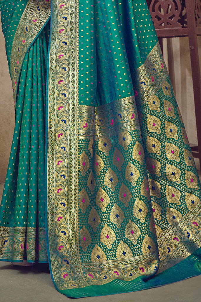 Dark Teal & Gold-Coloured Ethnic Motifs Woven Design Silk Blend Banara ...