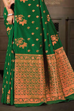 Forest Green Saree In Silk Blend With Weaved Floral Motifs And Blouse Piece