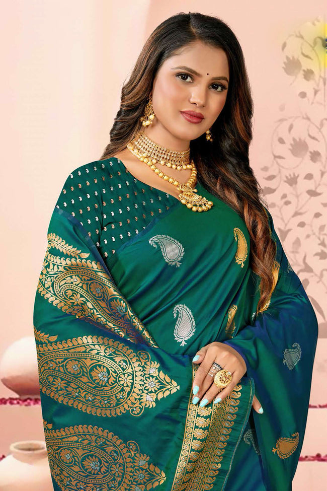 Turquoise Saree In Silk Blend With Weaved Floral Motifs And Blouse Piece