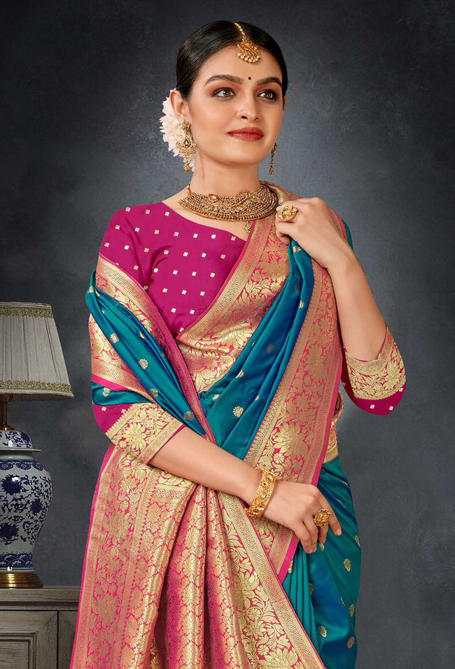 Blue With Pink Woven Art Silk Saree With Blouse Piece