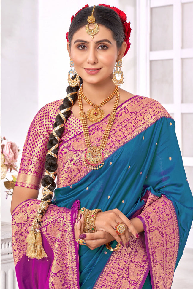 Steel Blue With Pink Border Traditional Wear Art Silk Saree