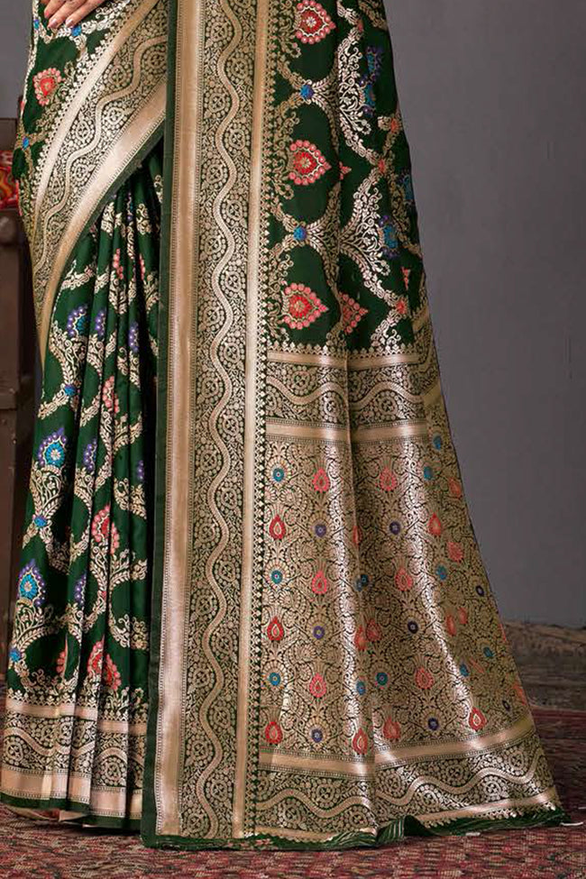 Forest Green Color Heavy Woven Silk Saree And Blouse Piece