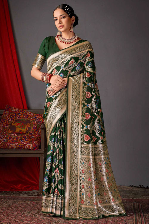 Forest Green Color Heavy Woven Silk Saree And Blouse Piece