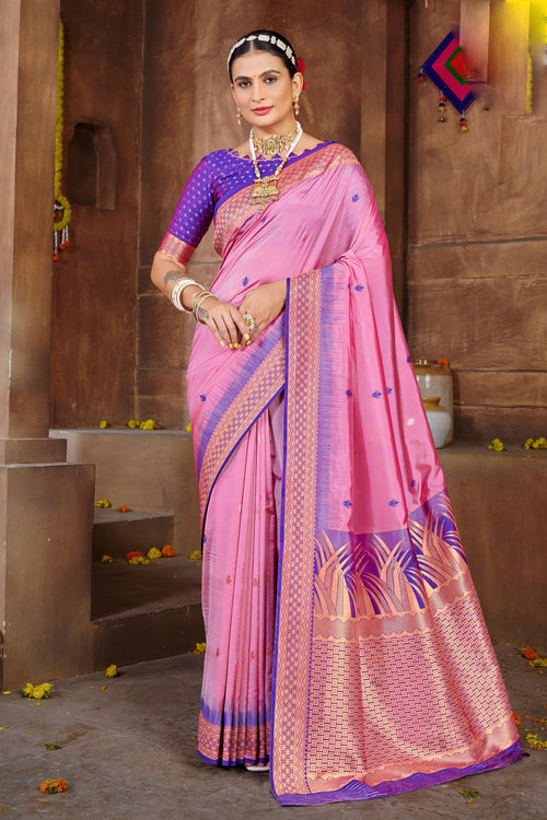 Baby Pink With Purple Border Silk Traditional Saree