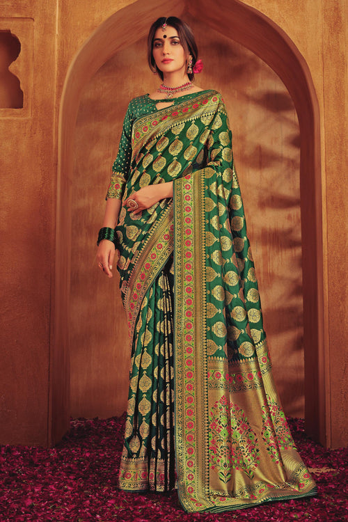 Emerald Green & Gold-Toned Woven Design Zari Buti Silk Blend Banarasi Saree