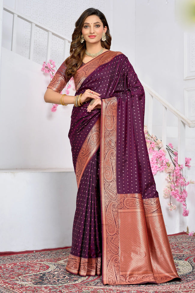 Wine With Weaving Zari Border Silk Saree