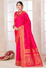 Raspberry Red Arts Silk Paithani Saree With Blouse Piece