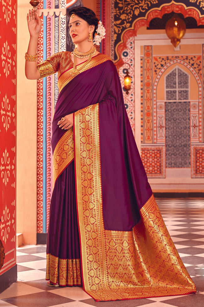 Wine Color Soft Woven Silk Saree And Woven Blouse Piece