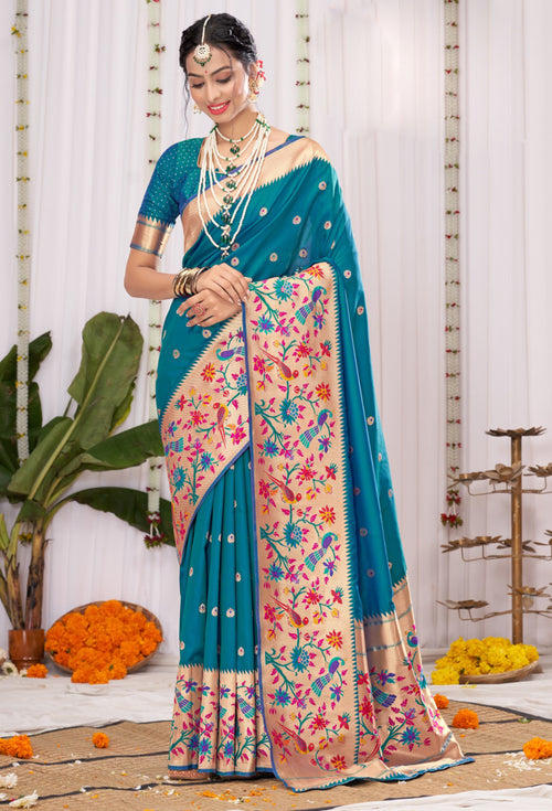 River Blue Banarasi Silk Saree With Paithani Pallu And Blouse Piece