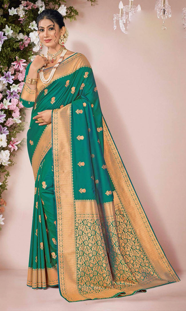 Teal Green Woven Art Silk Saree With Blouse Piece