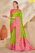 Piquant Green & Pink Woven Festival Wear Silk Saree With Blouse Piece