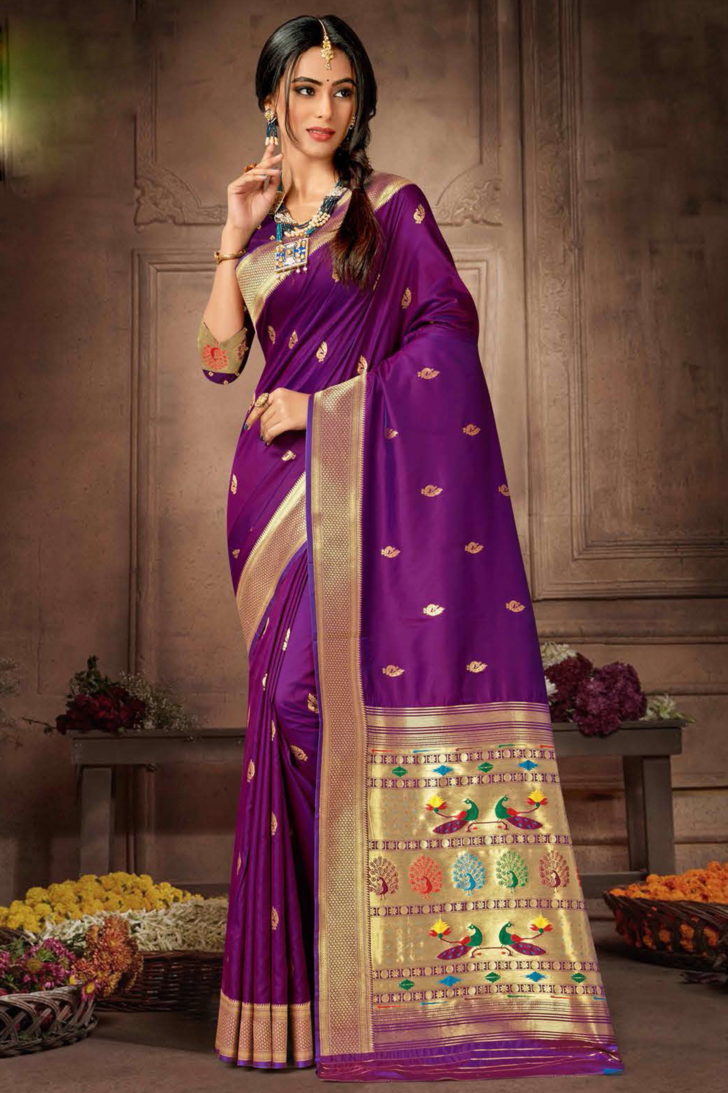 Purple Paithani Saree With Zari Weaving Work – Bahuji - Online Fashion &  Lifestyle Store