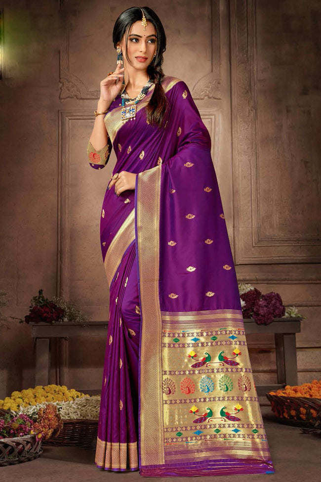Purple Paithani Silk Saree And Blouse Piece