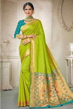 Olive Green With Aqua Art Silk Paithani Saree With Blouse Piece