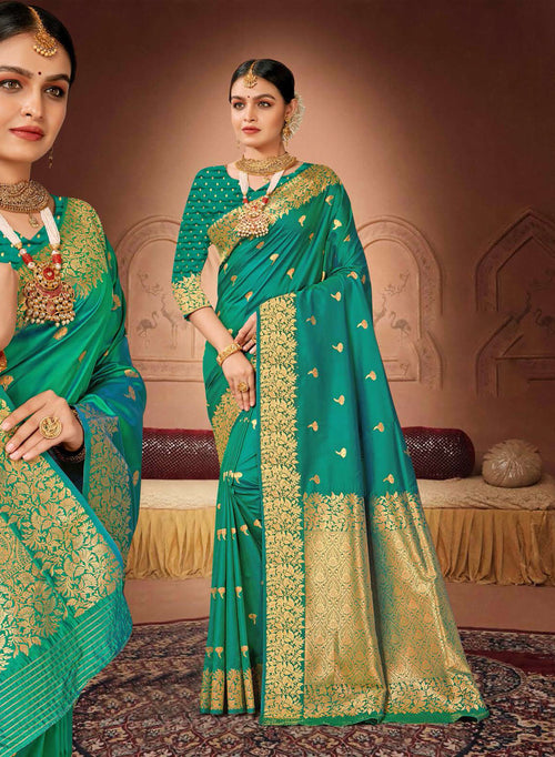 Sea Green Banarasi Silk Saree With Woven Floral Motifs And Blouse Piece