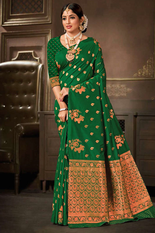 Forest Green Saree In Silk Blend With Weaved Floral Motifs And Blouse Piece