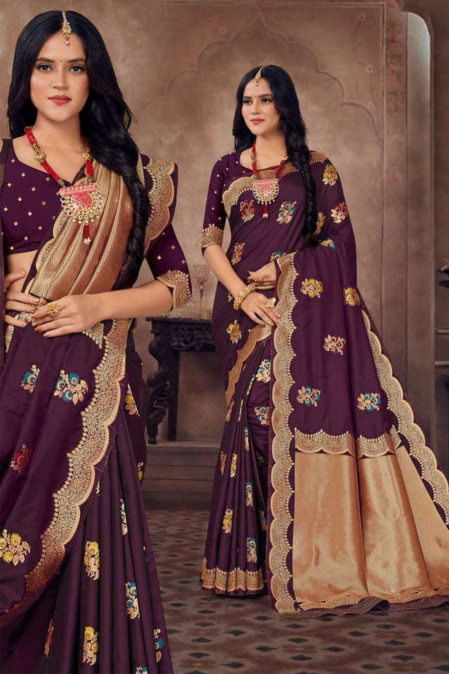 Brown Embroidered Art Silk Saree With Blouse Piece