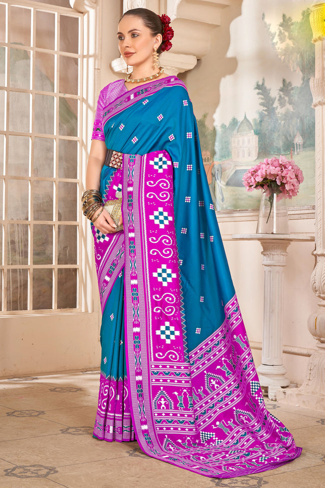 Blue With Magenta Weaving Patola Silk Traditional Saree