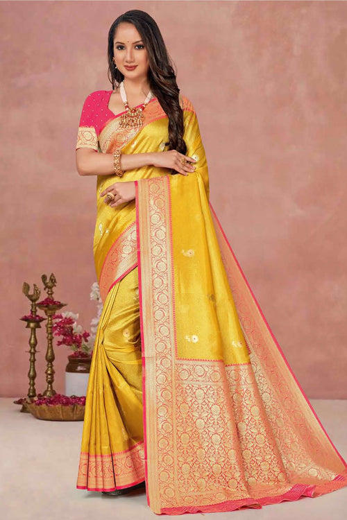 Yellow With Salmon Weaving Work Festive Wear Saree