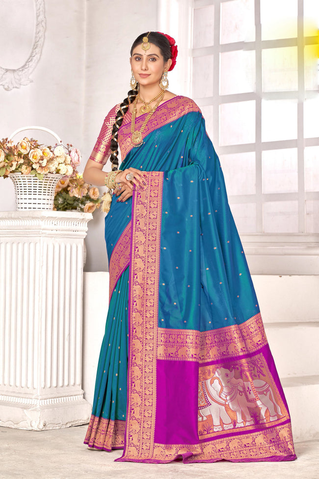 Steel Blue With Pink Border Traditional Wear Art Silk Saree