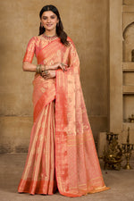 Peach Gold Zari Paper Tissue Woven Silk Saree