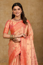 Peach Gold Zari Paper Tissue Woven Silk Saree