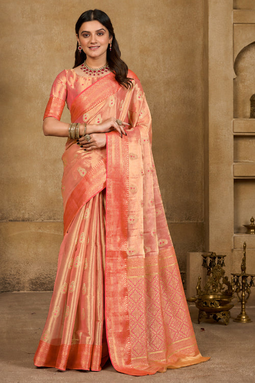 Peach Gold Zari Paper Tissue Woven Silk Saree