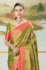 Olive Green & Coral Zari Paper Tissue Woven Silk Saree