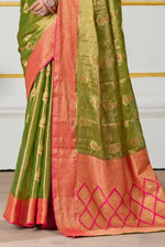 Olive Green & Coral Zari Paper Tissue Woven Silk Saree