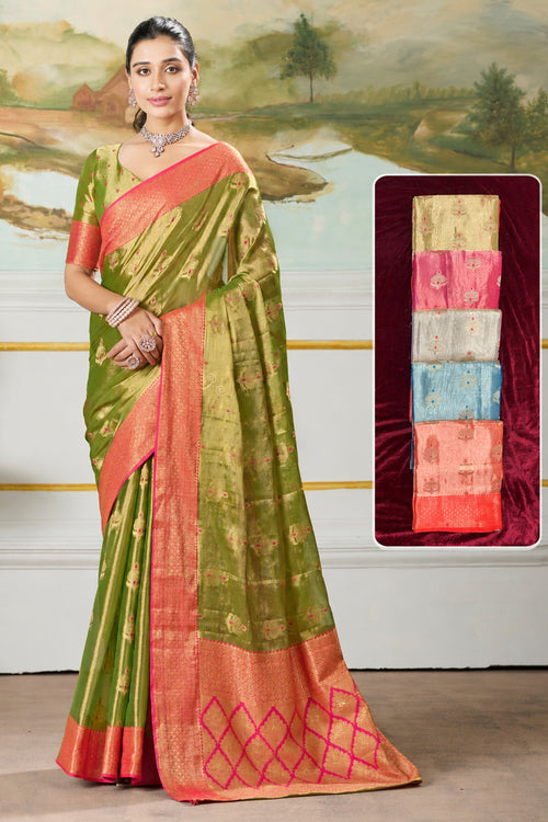 Olive Green & Coral Zari Paper Tissue Woven Silk Saree