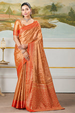 Peach Orange & Red Zari Paper Tissue Woven Silk Saree