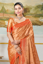 Peach Orange & Red Zari Paper Tissue Woven Silk Saree