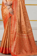 Peach Orange & Red Zari Paper Tissue Woven Silk Saree