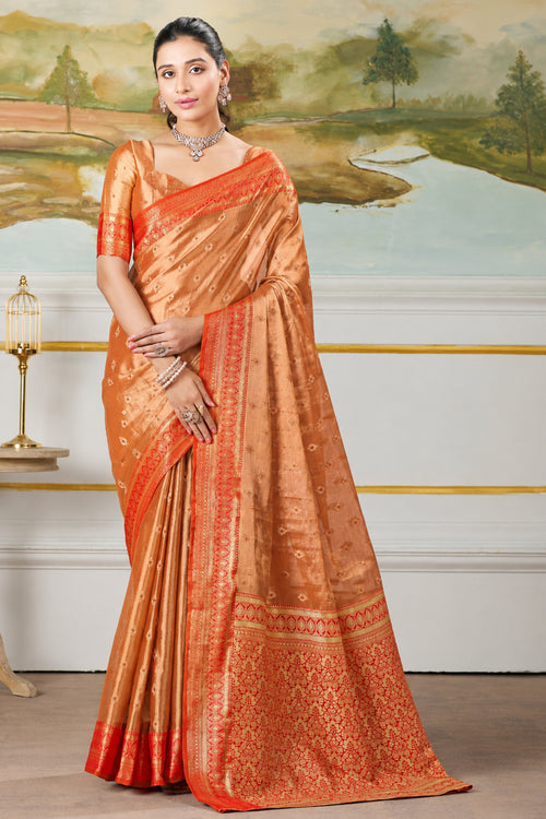 Peach Orange & Red Zari Paper Tissue Woven Silk Saree