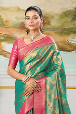 Teal Green & Rani Pink Zari Paper Tissue Woven Silk Saree