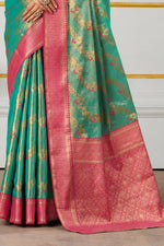 Teal Green & Rani Pink Zari Paper Tissue Woven Silk Saree