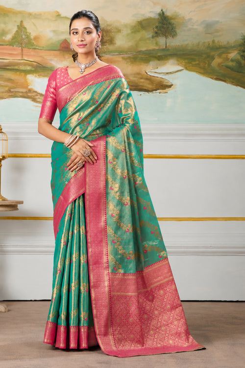 Teal Green & Rani Pink Zari Paper Tissue Woven Silk Saree