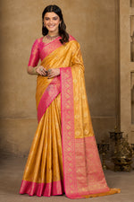 Mustard Yellow & Rani Pink Zari Paper Tissue Woven Silk Saree