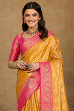 Mustard Yellow & Rani Pink Zari Paper Tissue Woven Silk Saree