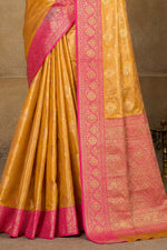 Mustard Yellow & Rani Pink Zari Paper Tissue Woven Silk Saree