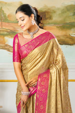 Golden Beige & Rani Pink Zari  Paper Tissue Woven Silk Saree