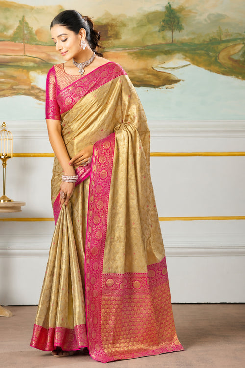 Golden Beige & Rani Pink Zari  Paper Tissue Woven Silk Saree
